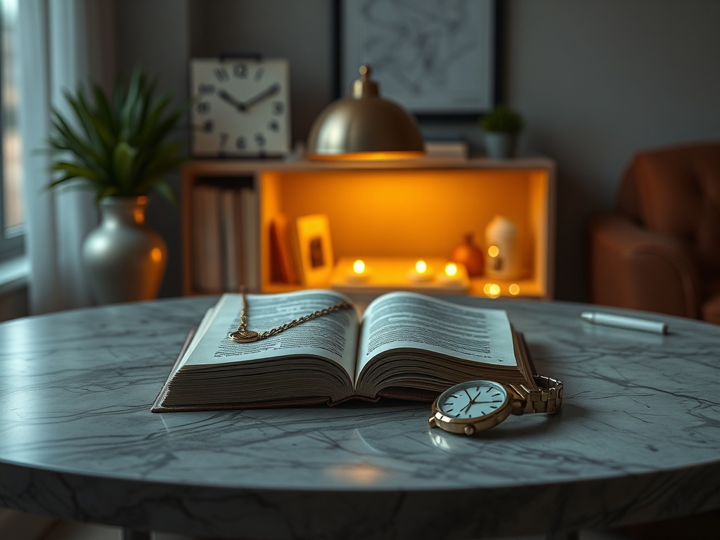 На столе лежит открытая книга, рядом часы и светильник, создающие уютную атмосферу в комнате.
