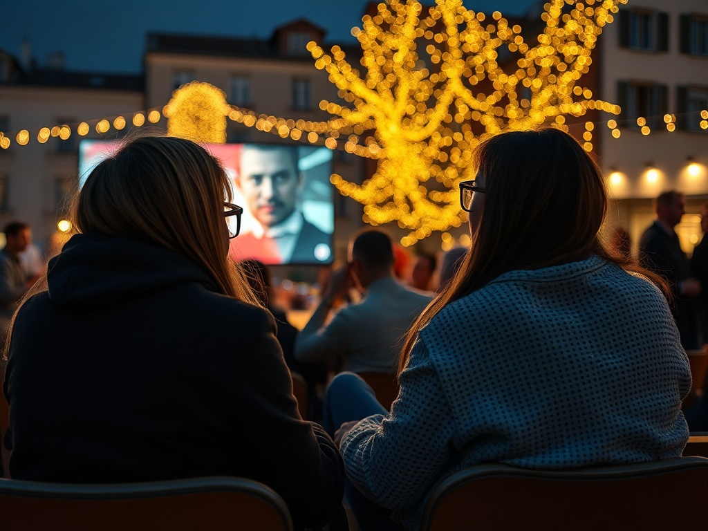 Две девушки сидят на стульях и смотрят на большой экран с фильмом под вечерними огнями.