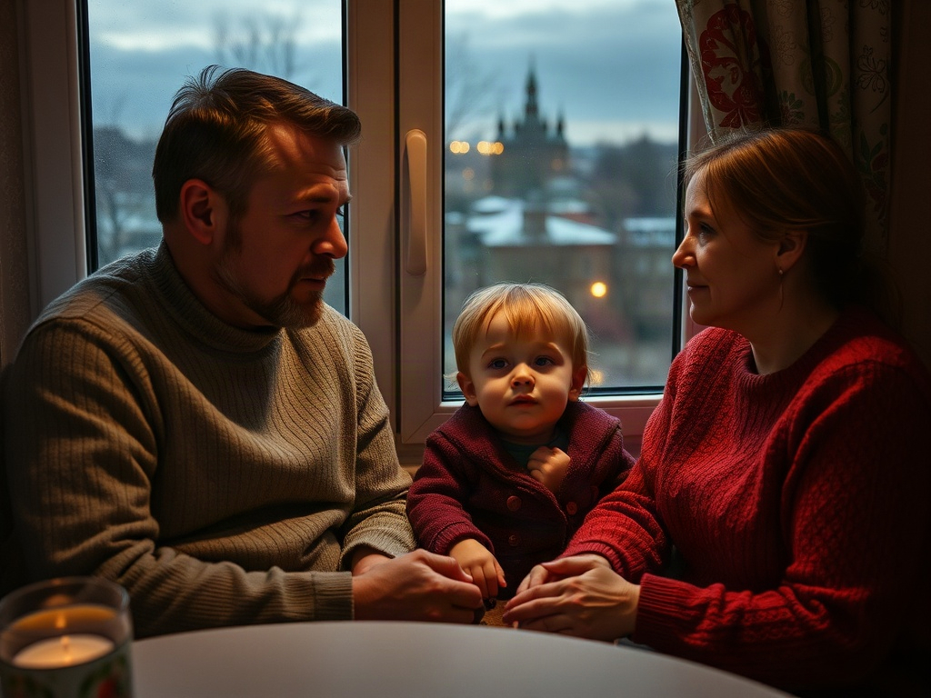 Семья сидит за столом у окна, за которым виден городской пейзаж в вечернее время.