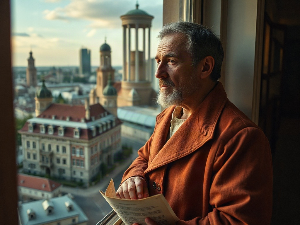 Пожилой мужчина в оранжевом пальто смотрит в окно, держа в руках книгу на фоне городского пейзажа.